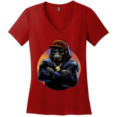 Bad Ass Hip Hop Monkey Women's V-Neck T-Shirt