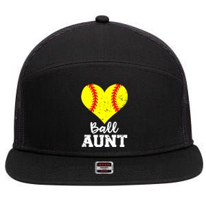 Ball Aunt Heart Funny Softball Aunt Cool Gift 7 Panel Mesh Trucker Snapback Hat