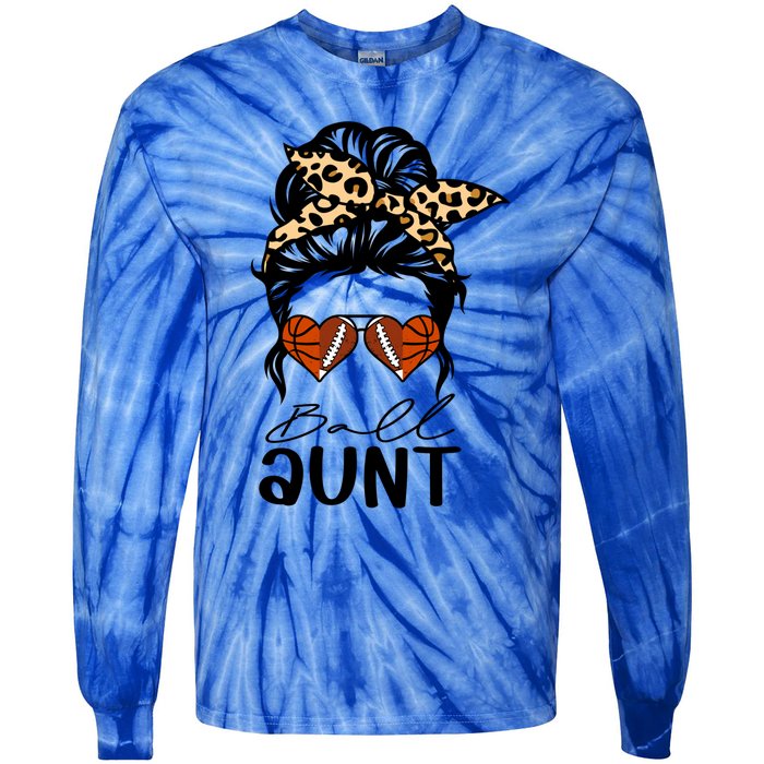 Ball Aunt Heart Messy Bun Football Basketball Aunt Gift Tie-Dye Long Sleeve Shirt