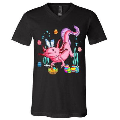 Bunny Axolotl Hunting Easter Eggs Basket V-Neck T-Shirt