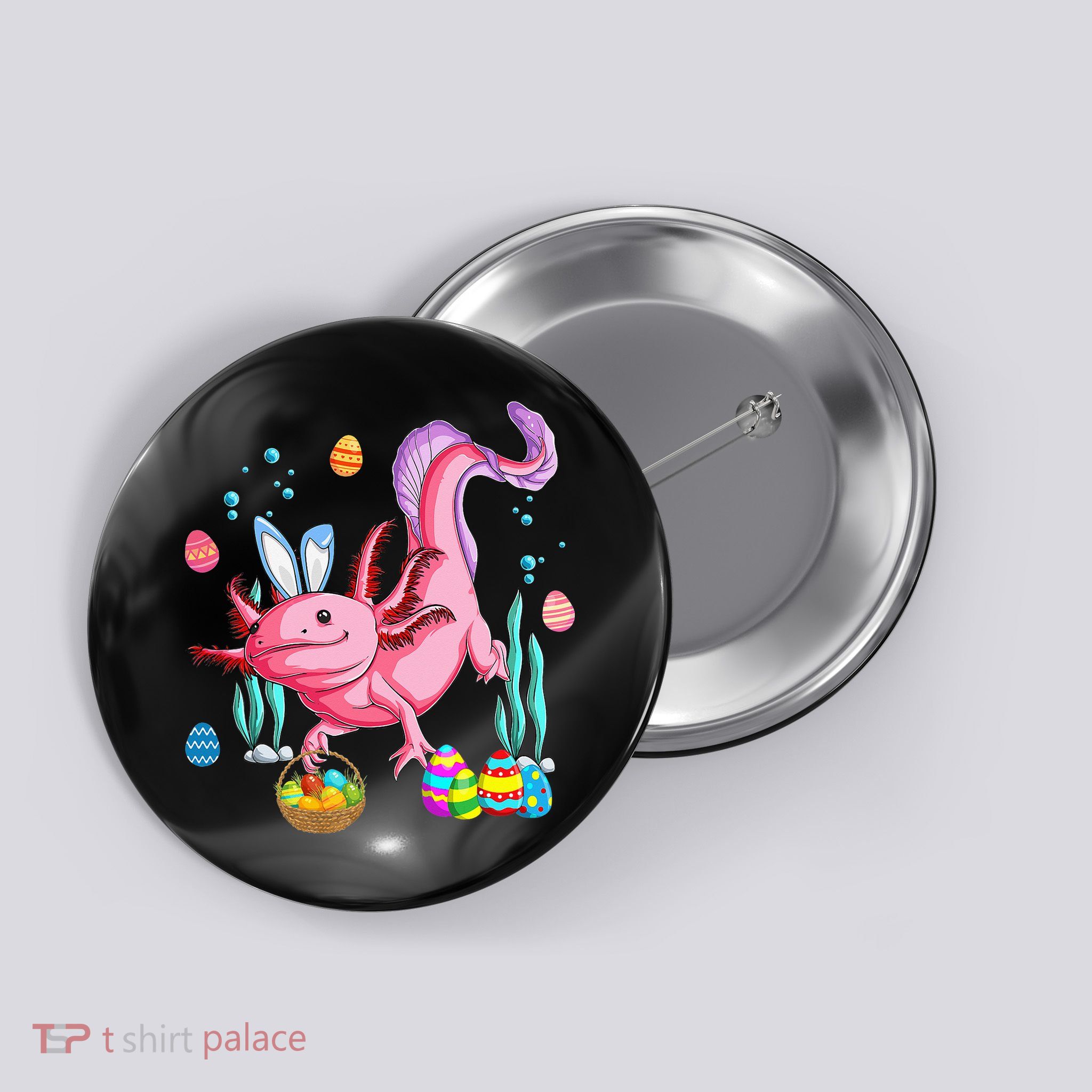 Bunny Axolotl Hunting Easter Eggs Basket Button