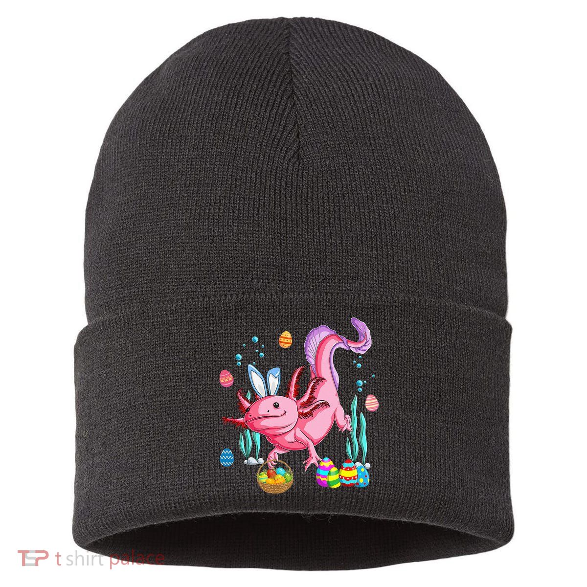 Bunny Axolotl Hunting Easter Eggs Basket Sustainable Knit Beanie
