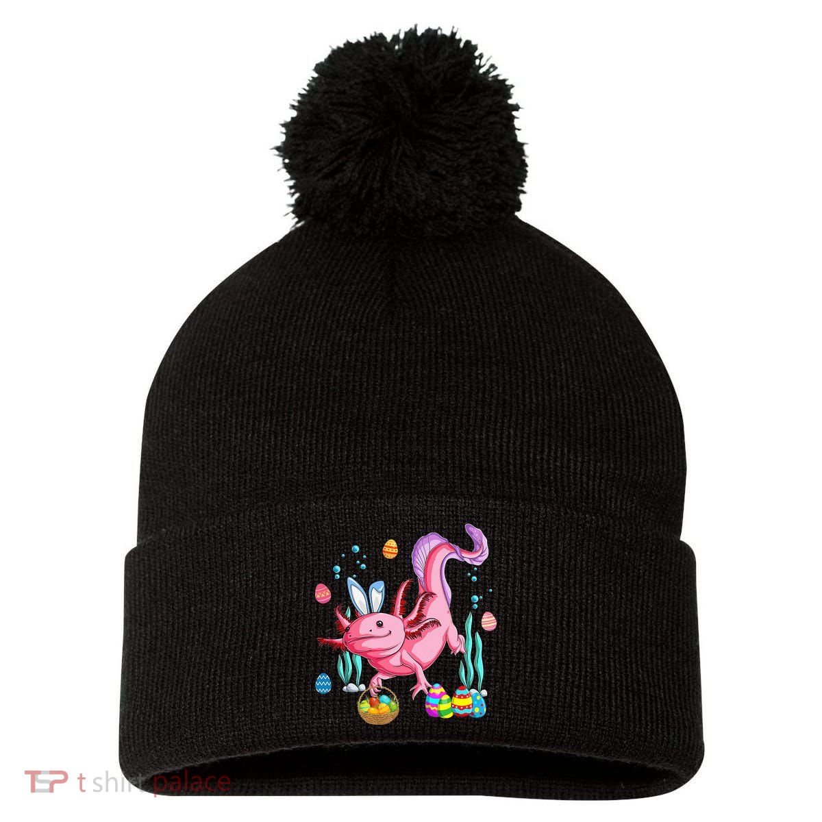 Bunny Axolotl Hunting Easter Eggs Basket Pom Pom 12in Knit Beanie