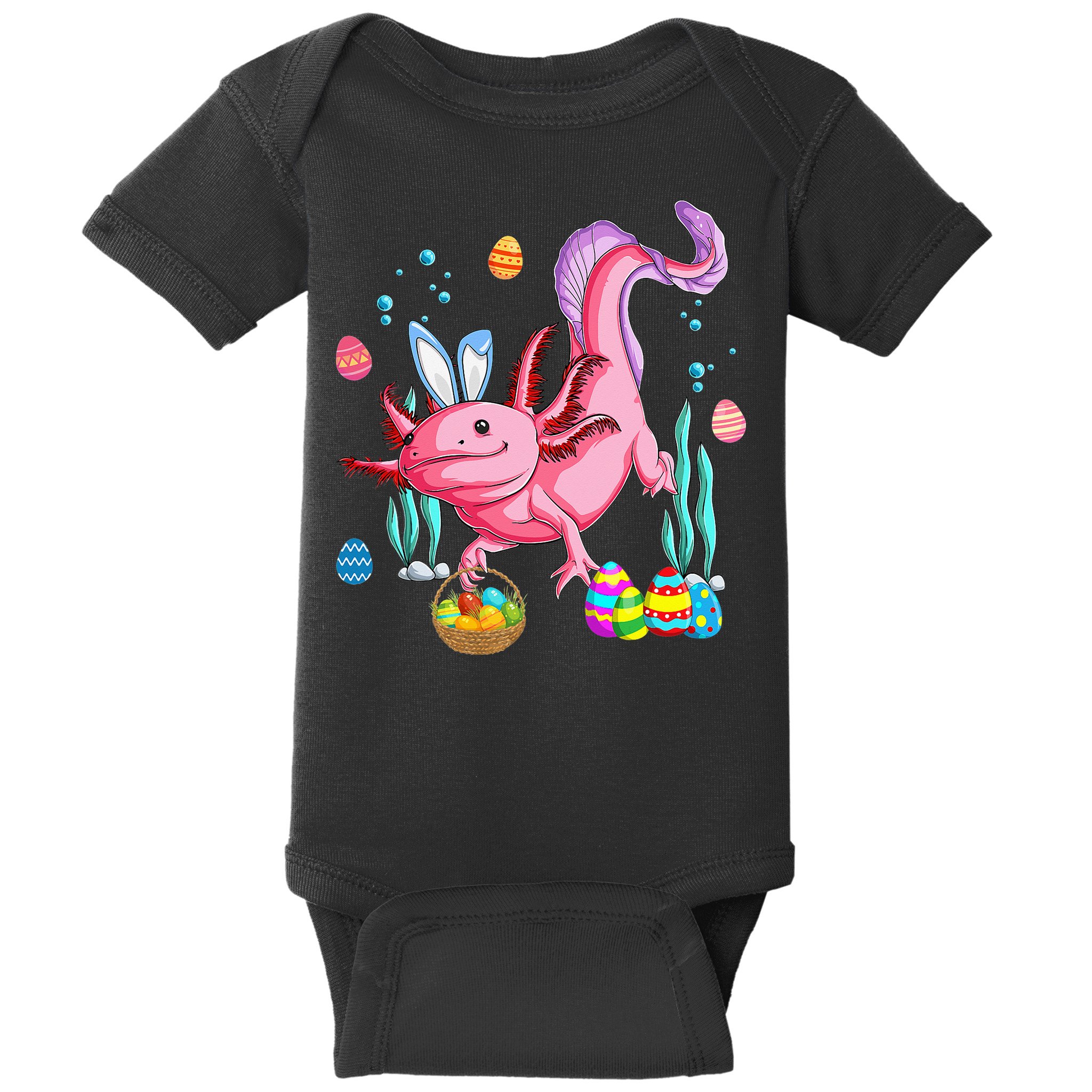 Bunny Axolotl Hunting Easter Eggs Basket Baby Bodysuit