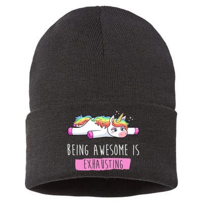Being Awesome Is Exhausting Funny Unicorn Sustainable Knit Beanie
