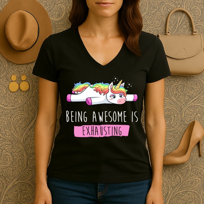 Being Awesome Is Exhausting Funny Unicorn Women's V-Neck T-Shirt