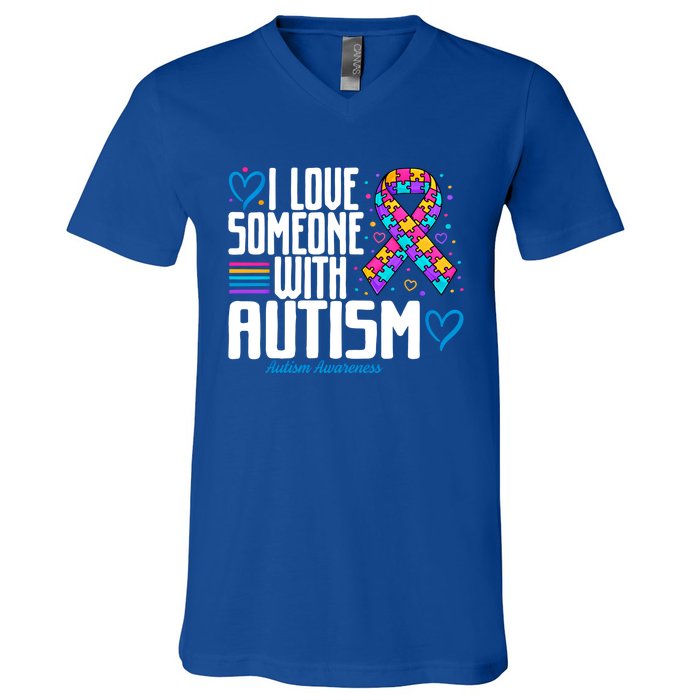 Blue Autism I Love Someone With Autism Awareness Funny Gift V-Neck T-Shirt