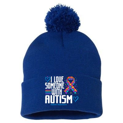 Blue Autism I Love Someone With Autism Awareness Gift Pom Pom 12in Knit Beanie