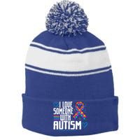 Blue Autism I Love Someone With Autism Awareness Gift Stripe Pom Pom Beanie