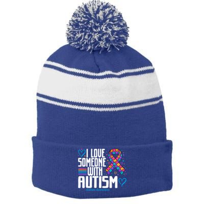 Blue Autism I Love Someone With Autism Awareness Gift Stripe Pom Pom Beanie