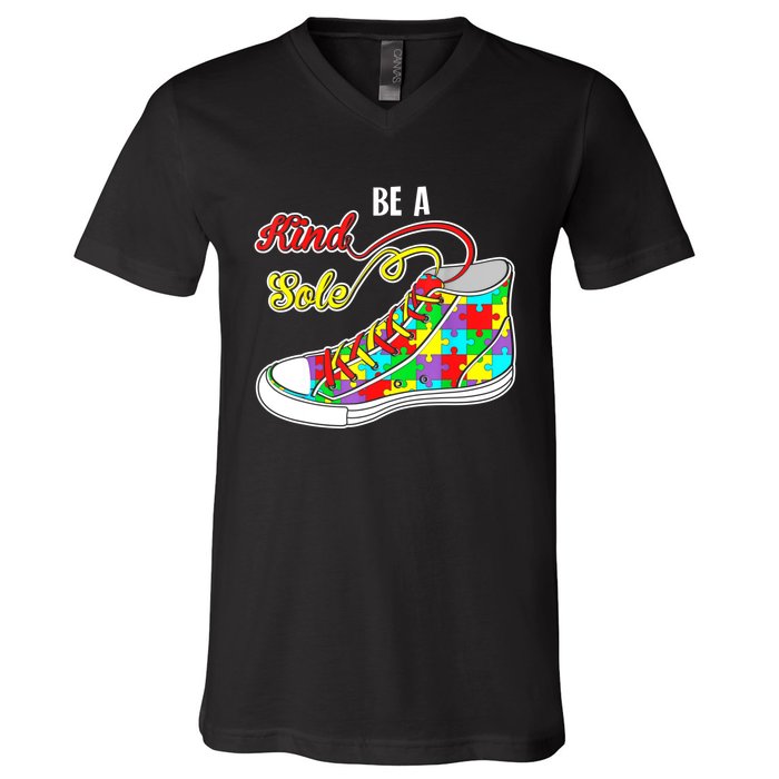 Be A Kind Sole Autism Awareness Puzzle Shoes Be Kind Gifts V-Neck T-Shirt