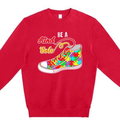 Be A Kind Sole Autism Awareness Puzzle Shoes Be Kind Gifts Premium Crewneck Sweatshirt