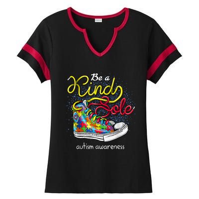 Be A Kind Sole Autism Awareness Puzzle Shoes Be Kind Cool Gift Ladies Halftime Notch Neck Tee