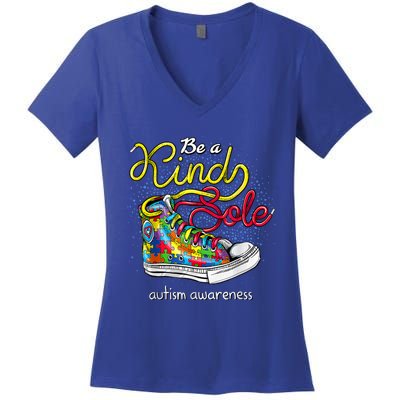 Be A Kind Sole Autism Awareness Puzzle Shoes Be Kind Cool Gift Women's V-Neck T-Shirt