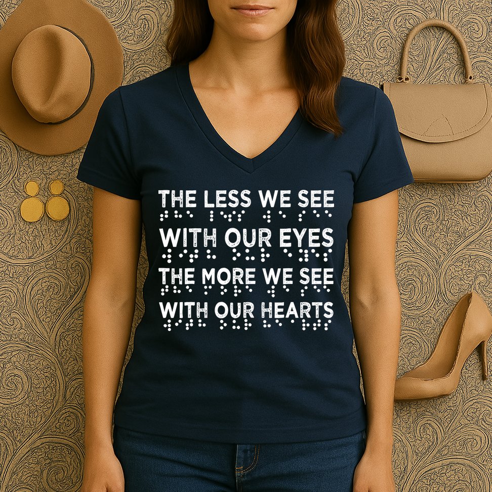 Braille Awareness Less Eyes More Heart Impaired Dots Braille Women's V-Neck T-Shirt