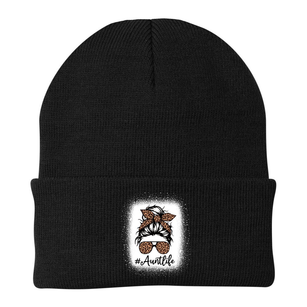 Best Aunt Life Messy Bun Leopard Bleached Auntie Mothers Day Great Gift Beanie
