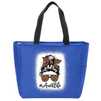 Best Aunt Life Messy Bun Leopard Bleached Auntie Mothers Day Great Gift Zip Tote Bag