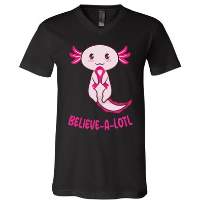 Believe a Lotl Cute Axolotl Breast Cancer Awareness  V-Neck T-Shirt