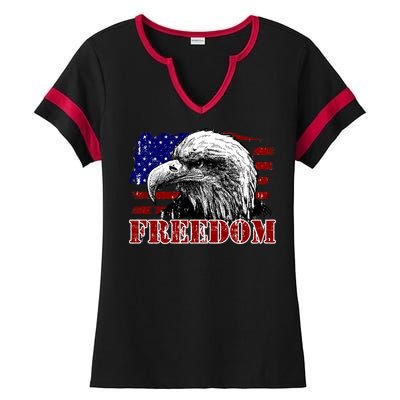 Bald Eagle Distressed USA Flag Freedom 4th of July Ladies Halftime Notch Neck Tee