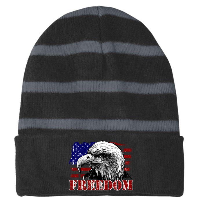 Bald Eagle Distressed USA Flag Freedom 4th of July Striped Beanie with Solid Band