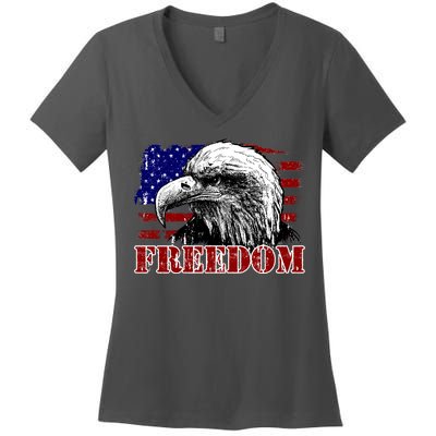 Bald Eagle Distressed USA Flag Freedom 4th of July Women's V-Neck T-Shirt