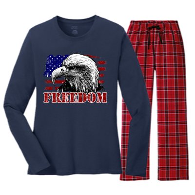 Bald Eagle Distressed USA Flag Freedom 4th of July Women's Long Sleeve Flannel Pajama Set 