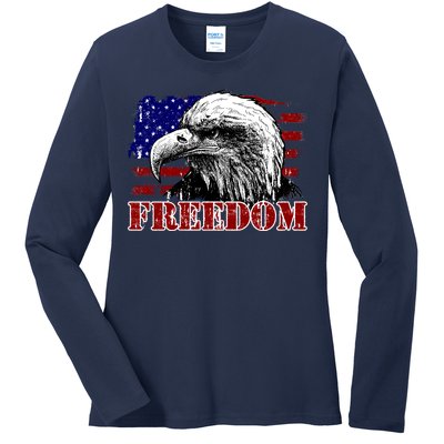 Bald Eagle Distressed USA Flag Freedom 4th of July Ladies Long Sleeve Shirt