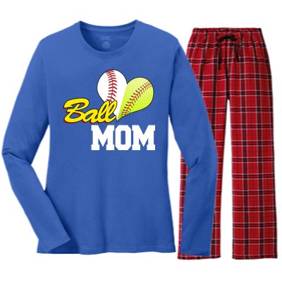 Ball Mom Heart Baseball Fan Women's Long Sleeve Flannel Pajama Set 