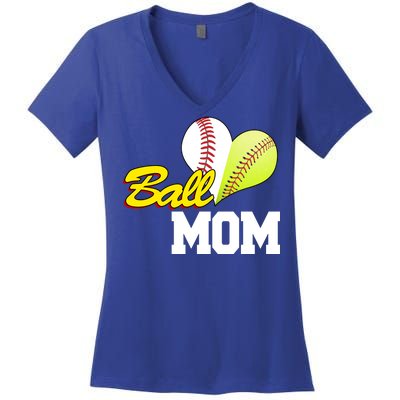 Ball Mom Heart Baseball Fan Women's V-Neck T-Shirt