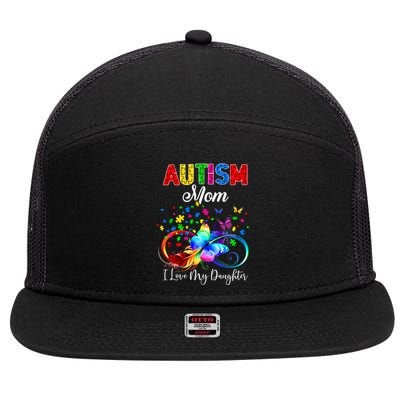 Butterfly Autism Mom I Love My Daughter Support Autistic Cute Gift 7 Panel Mesh Trucker Snapback Hat