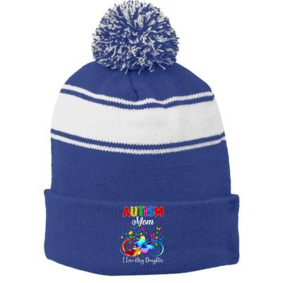 Butterfly Autism Mom I Love My Daughter Support Autistic Cute Gift Stripe Pom Pom Beanie