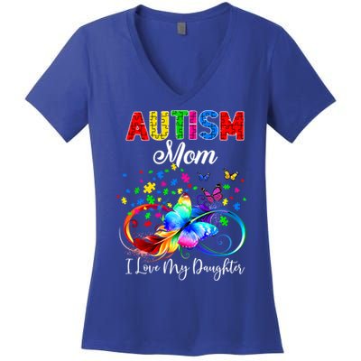 Butterfly Autism Mom I Love My Daughter Support Autistic Cute Gift Women's V-Neck T-Shirt
