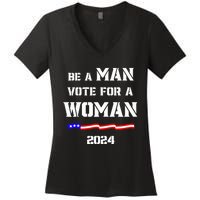 Be A Man Vote For A Woman Kamala Harris 2024 Walz Us Flag Women's V-Neck T-Shirt