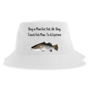 Buy A Man Eat Fish He Day Teach Fish Man To A Lifetime Funny Meme Sustainable Bucket Hat