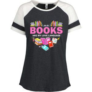 Books Are My Love Language Reading Lover Librarian Valentine Enza Ladies Jersey Colorblock Tee