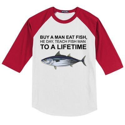 Buy A Man Eat Fish He Day Teach Fish Man To A Lifetime Funny Meme Kids Colorblock Raglan Jersey