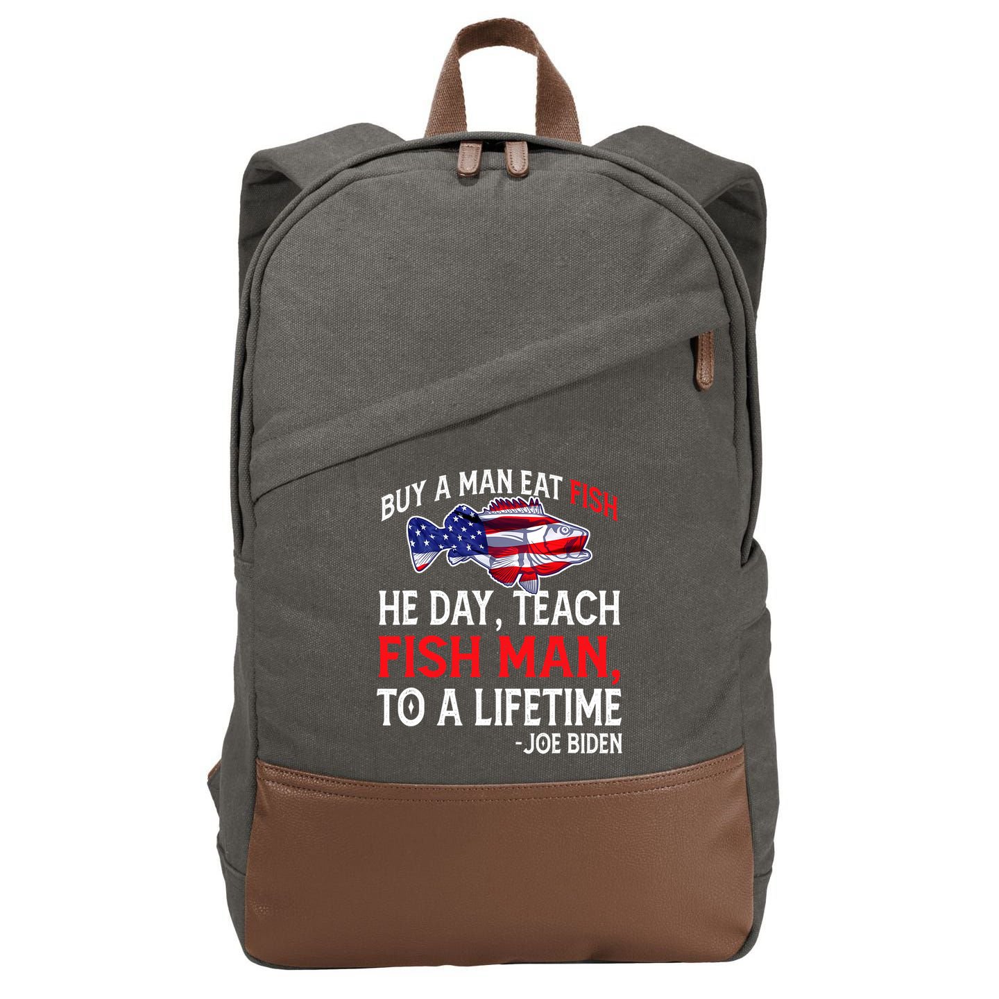 Buy A Man Eat Fish Funny Joe Biden Quote Cotton Canvas Backpack