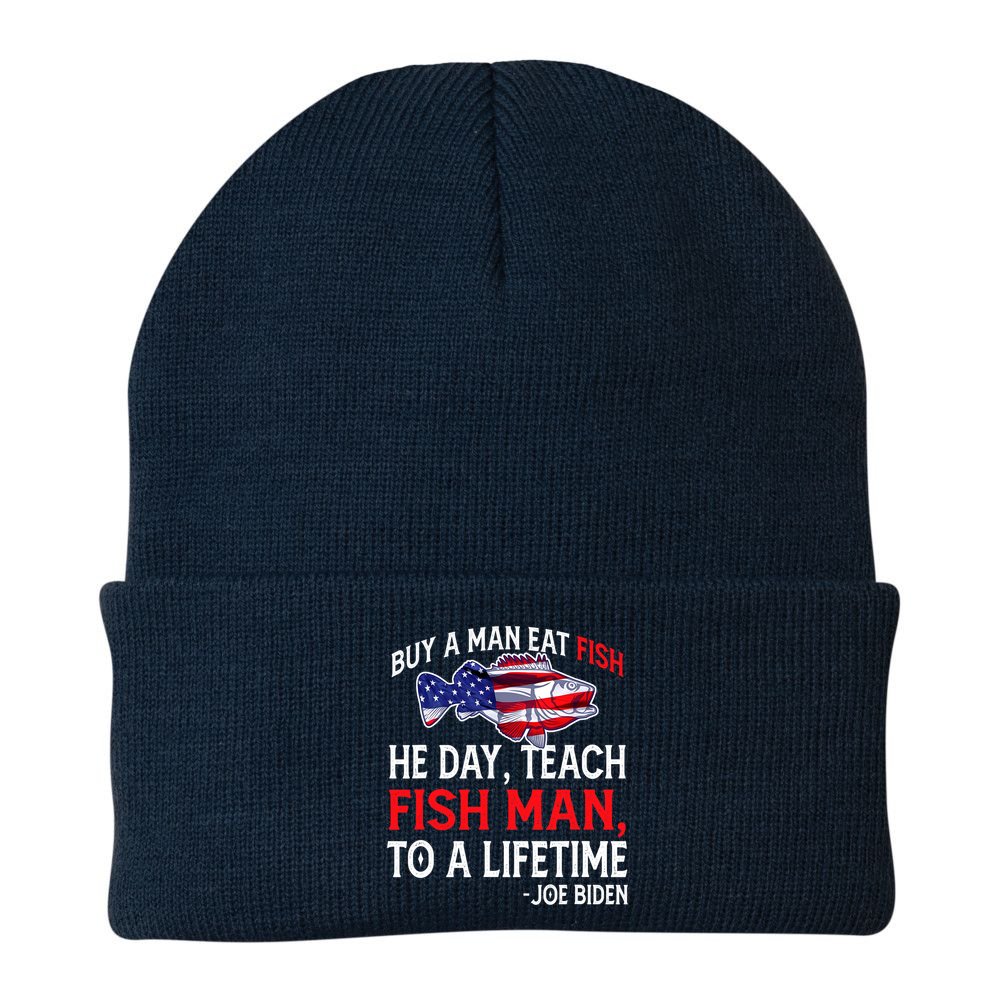 Buy A Man Eat Fish Funny Joe Biden Quote Beanie