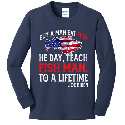 Buy A Man Eat Fish Funny Joe Biden Quote Kids Long Sleeve Shirt