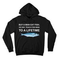 Buy A Man Eat Fish He Day Teach Fish Man To A Lifetime Funny Meme Tall Hoodie
