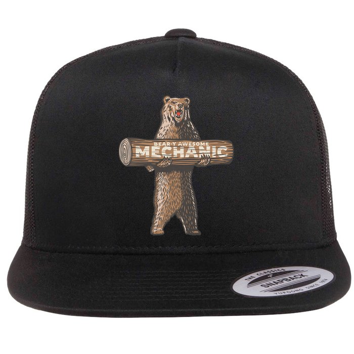 Beary Awesome Mechanic Funny Auto Repair Saying Flat Bill Trucker Hat