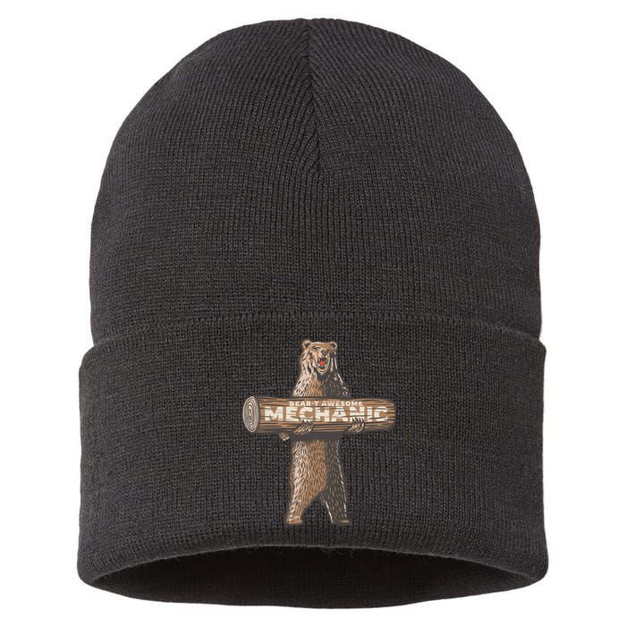 Beary Awesome Mechanic Funny Auto Repair Saying Sustainable Knit Beanie