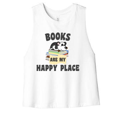 Books Are My Happy Place Funny Panda Bookworm Gift Women's Racerback Cropped Tank