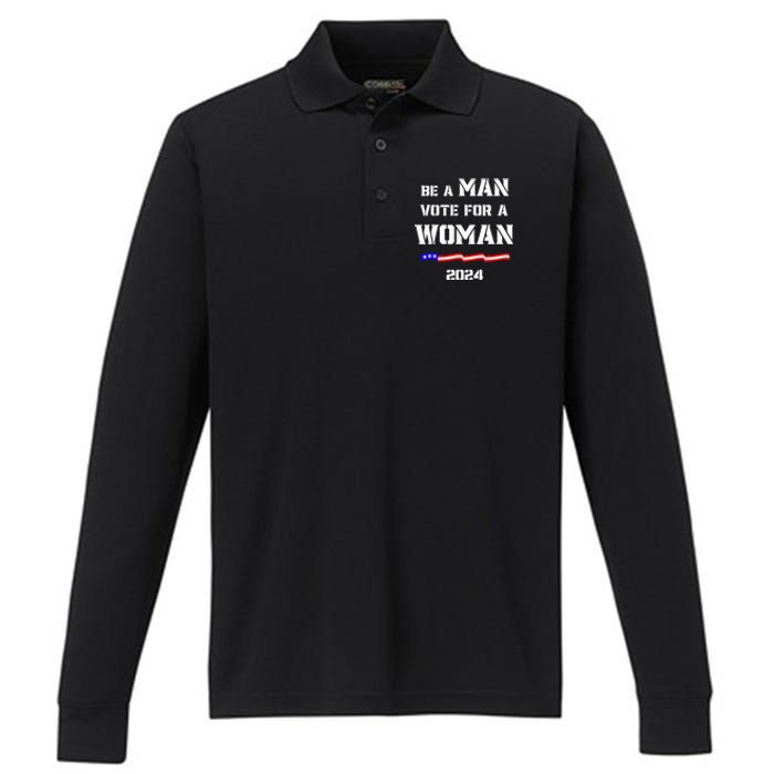 Be A Man Vote For A Kamala Harris 2024 Walz Us Flag Performance Long Sleeve Polo