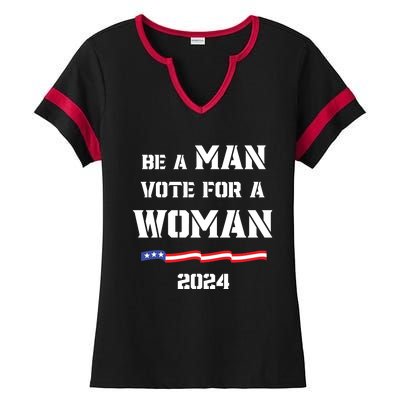 Be A Man Vote For A Woman Kamala Harris 2024 Walz Us Flag Ladies Halftime Notch Neck Tee