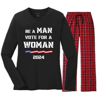 Be A Man Vote For A Woman Kamala Harris 2024 Walz Us Flag Women's Long Sleeve Flannel Pajama Set 