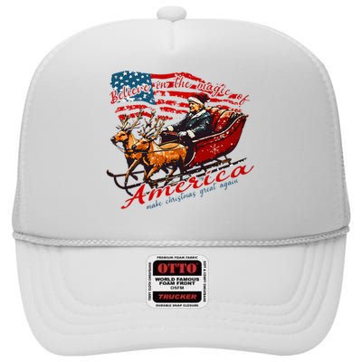 Believe America Make Christmas Great Again Xmas Trump Santa High Crown Mesh Back Trucker Hat