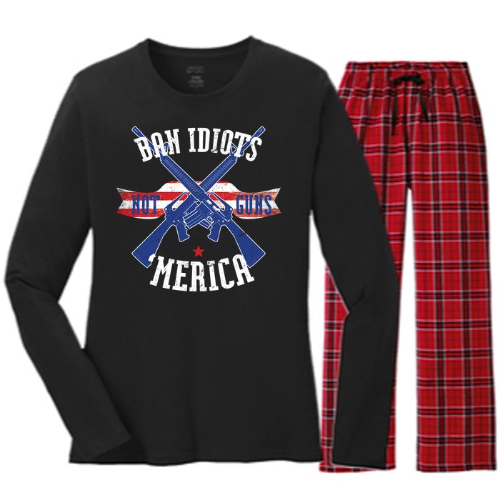 Ban Idiots Not Guns Merica Women's Long Sleeve Flannel Pajama Set 