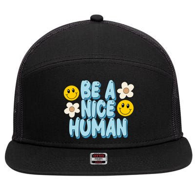 Be A Nice Human Cute Smile Retro 7 Panel Mesh Trucker Snapback Hat