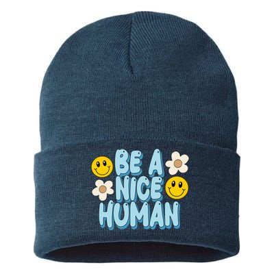 Be A Nice Human Cute Smile Retro Sustainable Knit Beanie